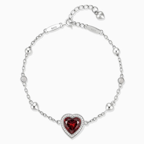 925 Sterling Silver Halo Heart Garnet Station Bracelet - Sweet Love Front View