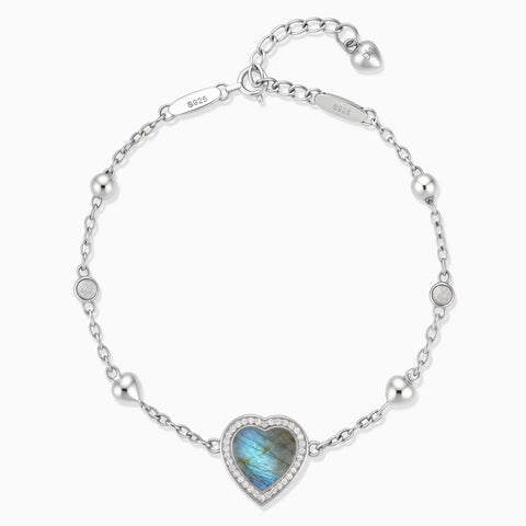 925 Sterling Silver Halo Heart Labradorite Station Bracelet - Sweet Love Front View
