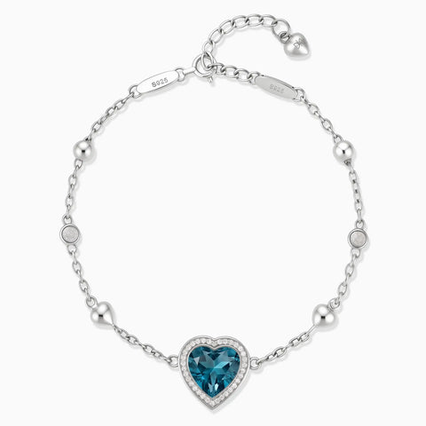 925 Sterling Silver Halo Heart London Blue Topaz Station Bracelet - Sweet Love Front View