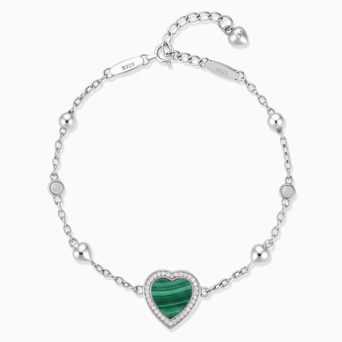 925 Sterling Silver Halo Heart Malachite Station Bracelet - Sweet Love Front View