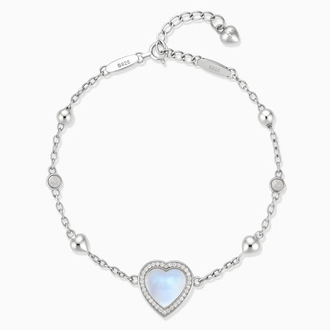 925 Sterling Silver Halo Heart Moonstone Station Bracelet - Sweet Love Front View