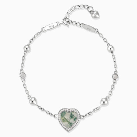 925 Sterling Silver Halo Heart Moss Agate Station Bracelet - Sweet Love Front View