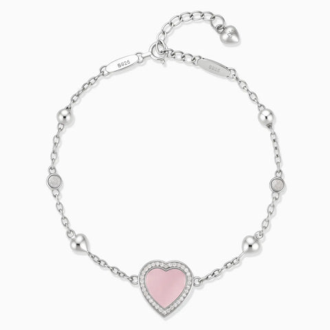 925 Sterling Silver Halo Heart Rose Quartz Station Bracelet - Sweet Love Front View