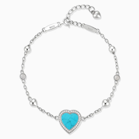 925 Sterling Silver Halo Heart Turquoise Station Bracelet - Sweet Love Front View