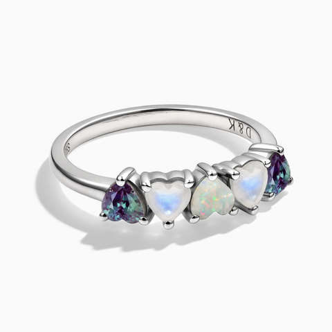 925 Sterling Silver Heart Alexandrite & Moonstone Arc Ring - Crescent Line Front View