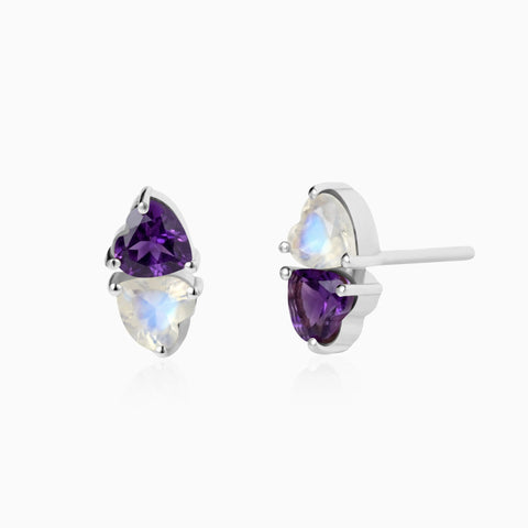 925 Sterling Silver Heart Amethyst & Moonstone Toi et Moi Stud Earrings - Duality Front View