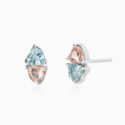 925 Sterling Silver Heart Aquamarine & Morganite Toi et Moi Stud Earrings - Duality Front View