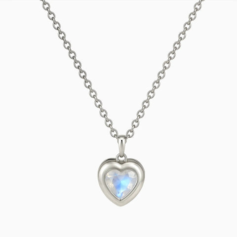925 Sterling Silver Heart Moonstone Bezel Necklace - Love Shelter Front View