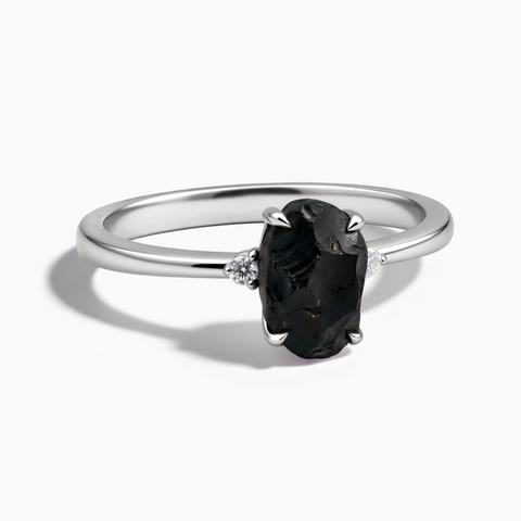 925 Sterling Silver Irregular Black Onyx Ring - Raw Aura Front View