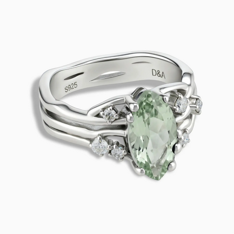 925 Sterling Silver Marquise Green Amethyst Branch-Like Ring - Regal Gleam Front View