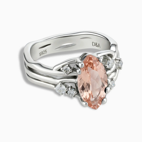 925 Sterling Silver Marquise Morganite Branch-Like Ring - Regal Gleam Front View
