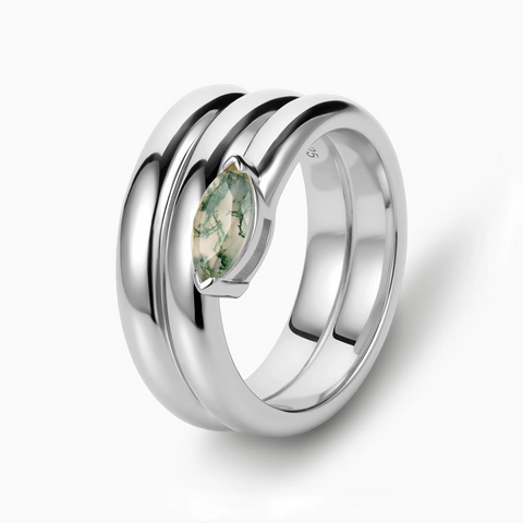 925 Sterling Silver Marquise Moss Agate Wrap Ring - Eye of Light Side Profile View
