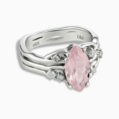 925 Sterling Silver Marquise Rose Quartz Branch-Like Ring - Regal Gleam Front View