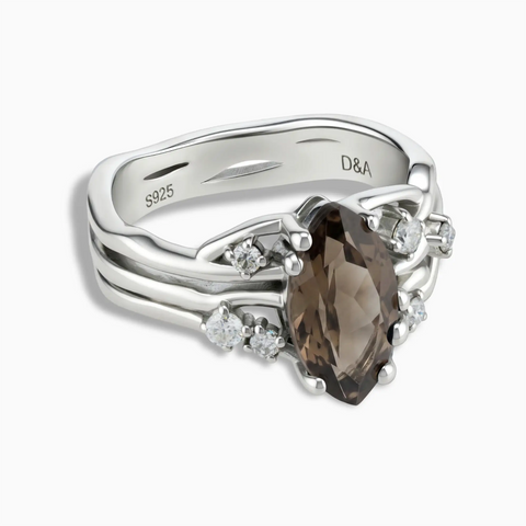 925 Sterling Silver Marquise Smoky Quartz Branch-Like Ring - Regal Gleam Front View