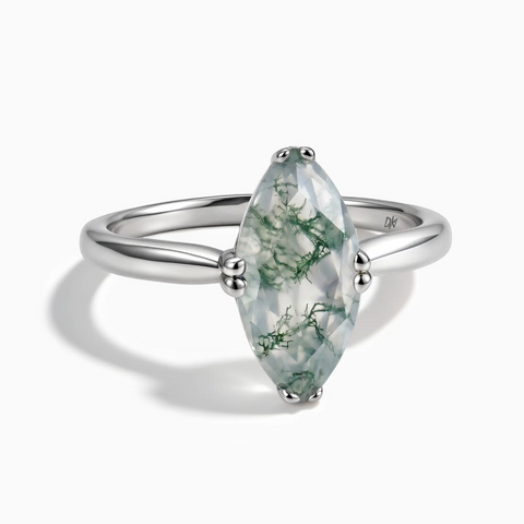 925 Sterling Silver Moss Agate Marquise Ring - Silent Glow Front View