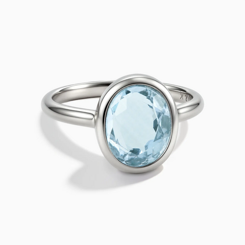 925 Sterling Silver Oval Aquamarine Bezel Ring - Harmony Front View