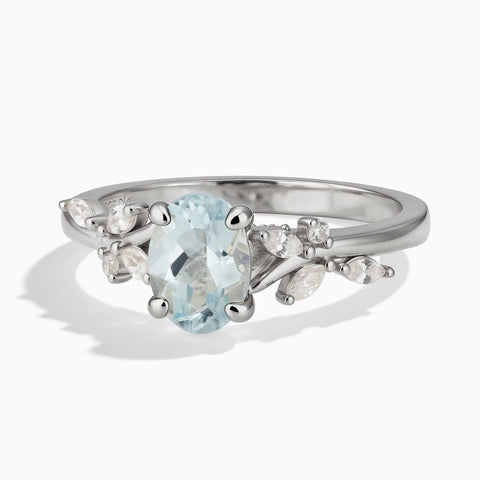 925 Sterling Silver Oval Aquamarine Branch-Like Ring - Sylvan Charm Front View