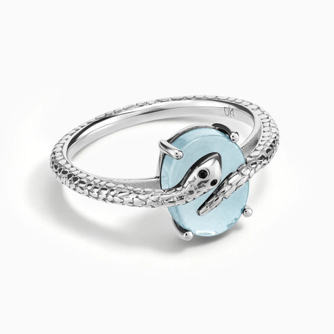 925 Sterling Silver Oval Aquamarine Wrap Serpent Ring - Coiled Sanctum Front View