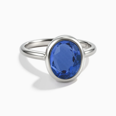 925 Sterling Silver Oval Blue Sapphire Bezel Ring - Harmony Front View