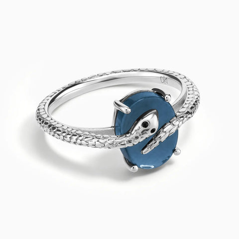 925 Sterling Silver Oval London Blue Topaz Wrap Serpent Ring - Coiled Sanctum Front View