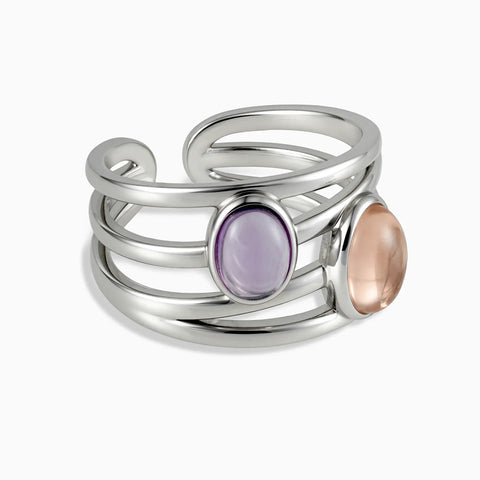 925 Sterling Silver Oval Morganite & Amethyst Ring - Echo of Balance Front View