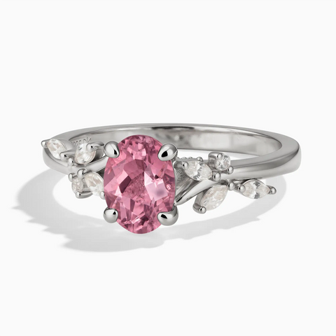 925 Sterling Silver Oval Pink Tourmaline Branch-Like Ring - Sylvan Charm Front View