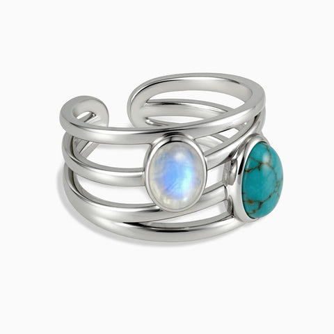 925 Sterling Silver Oval Turquoise & Moonstone Ring - Echo of Balance Front View