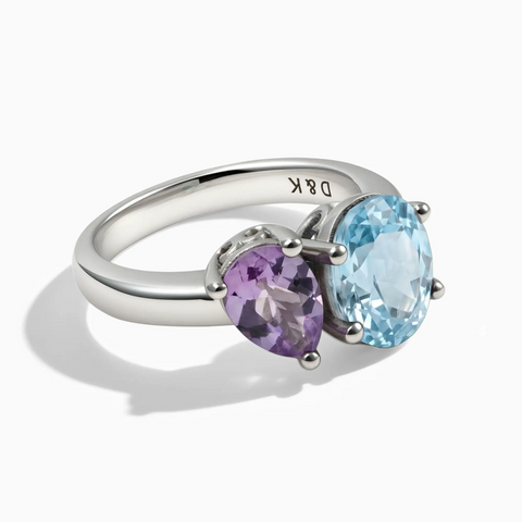925 Sterling Silver Pear Amethyst & Oval Aquamarine Toi et Moi Ring - Twin Reverie Front View