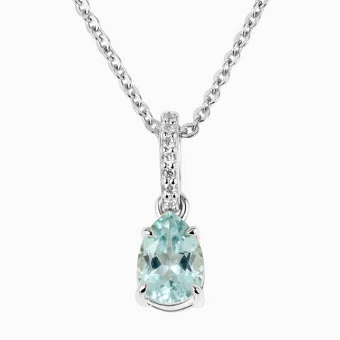 925 Sterling Silver Pear Aquamarine Pendant Necklace - Ocean Tear Front View