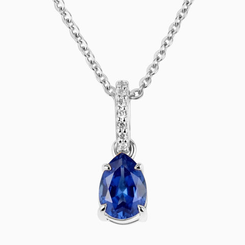 925 Sterling Silver Pear Blue Sapphire Pendant Necklace - Ocean Tear Front View