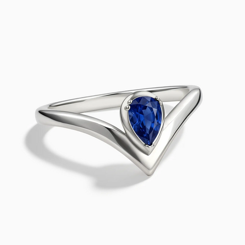 925 Sterling Silver Pear Blue Sapphire V Band Ring - Chevron Front View