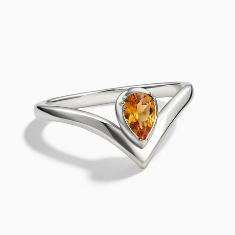925 Sterling Silver Pear Citrine V Band Ring - Chevron Front View