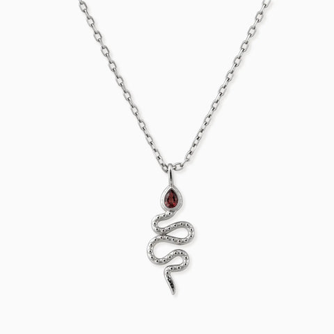 925 Sterling Silver Pear Garnet Serpent Pendant Necklace Meander Front View