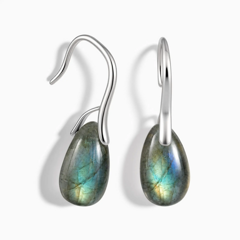 925 Sterling Silver Pear Labradorite Dangle Earrings - Dew Arc Front View