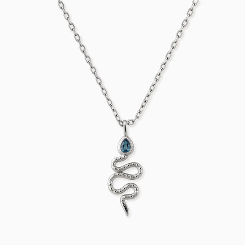 925 Sterling Silver Pear London Blue Topaz Serpent Pendant Necklace Meander Front View