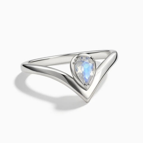 925 Sterling Silver Pear Moonstone V Band Ring - Chevron Front View