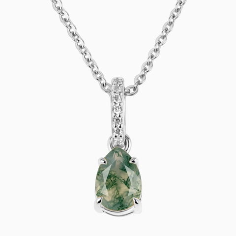 925 Sterling Silver Pear Moss Agate Pendant Necklace - Ocean Tear Front View