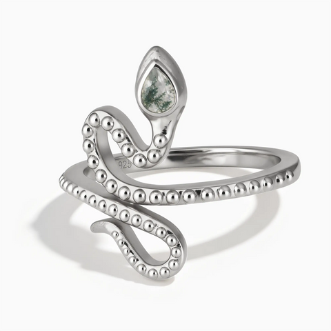 925 Sterling Silver Pear Moss Agate Serpent Ring - Mystic Coil Front View