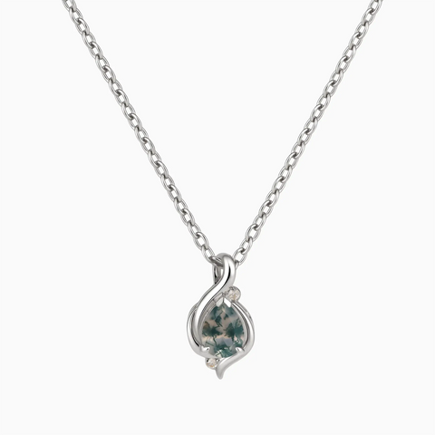 925 Sterling Silver Pear Moss Agate Swirl Necklace - Eternal Flowline Front View