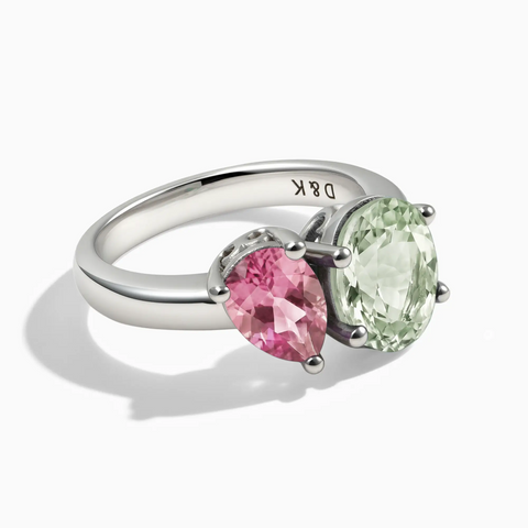 925 Sterling Silver Pear Pink Tourmaline & Oval Green Amethyst Toi et Moi Ring - Twin Reverie Front View