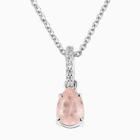 925 Sterling Silver Pear Rose Quartz Pendant Necklace - Ocean Tear Front View