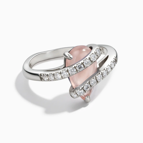 925 Sterling Silver Pear Rose Quartz Wrap Ring - Orbit Front View