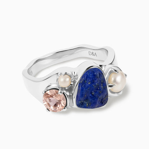 925 Sterling Silver Raw Lapis Lazuli & Round Morganite Wavy Ring - Rolling Tides Front View