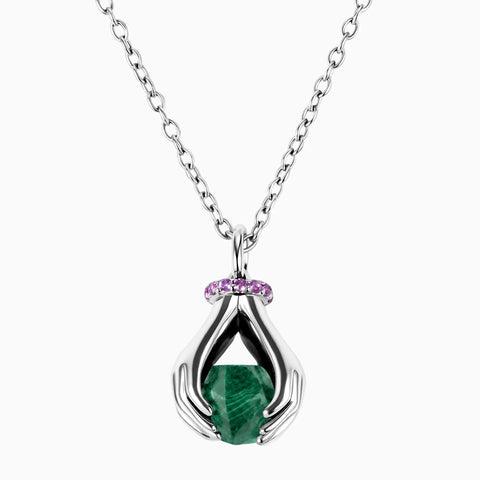 925 Sterling Silver Raw Malachite Cradle Necklace - Guardian Hands Front View