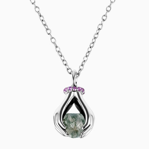 925 Sterling Silver Raw Moss Agate Cradle Necklace - Guardian Hands Front View