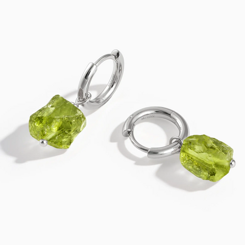 925 Sterling Silver Raw Peridot Drop Hoop Earrings - Untamed Grace Front View