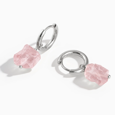 925 Sterling Silver Raw Rose Quartz Drop Hoop Earrings - Untamed Grace Front View