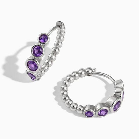 925 Sterling Silver Round Amethyst Bezel Hoop Earrings - Beaded Reverie Front View