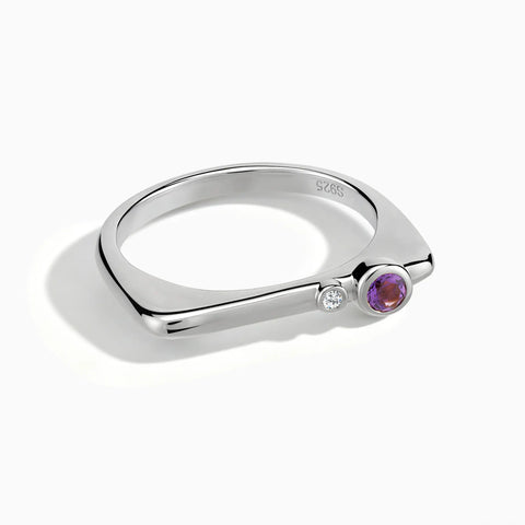 925 Sterling Silver Round Amethyst Puzzle Stacking Ring - Minimal Still Front View