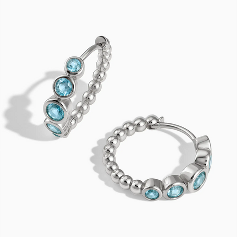 925 Sterling Silver Round Aquamarine Bezel Hoop Earrings - Beaded Reverie Front View